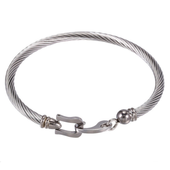 Men's double row bracelet black leather twisted wire steel clasp